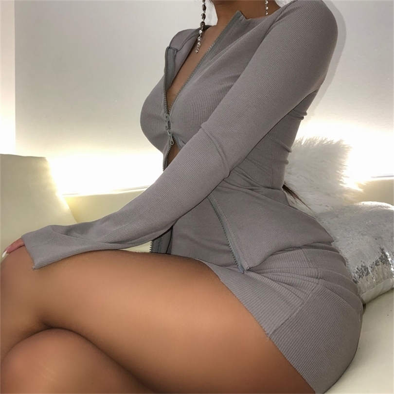 KGFIGU Women's gray deep Vneck open chest open navel short mini dress tight and hip lifting Sexy Long Sleeve Dress T200320