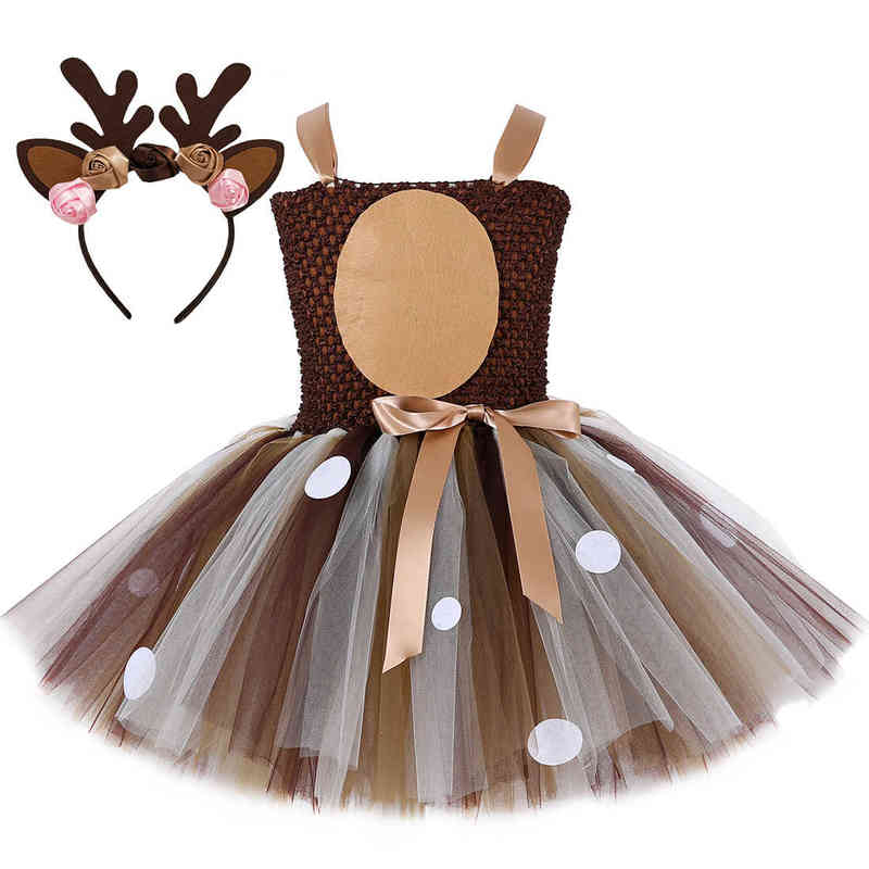 Deer Costumes for Girls Christmas Dress for Kids Halloween Costumes Reindeer Tulle Tutu Dress Birthday Princess Clothes Brown Y220510