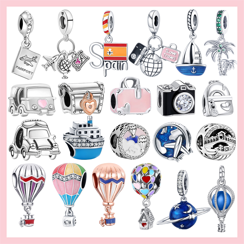 925 Sterling Silver Travel Beads Hot Air Balloon Globe Suitcase Charms Fit Bracelet