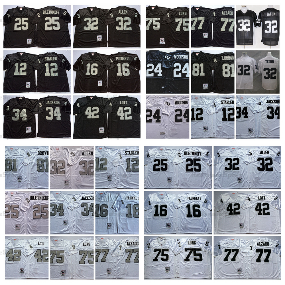 

Vintage 24 Charles Woodson 32 Jack Tatum Football Jerseys Marcus Allen Biletnikoff Ken Stabler Jim Plunkett Bo Jackson Ronnie Lott Long Lyle Alzado Tim Brown Jersey, Black