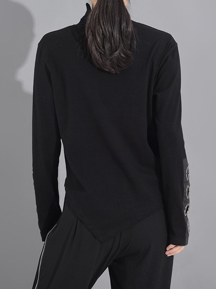 [EAM] Women Black Hollow Out Asymmetrical Split Joint T-shirt Stand Collar Long Sleeve Fashion Spring Autumn 1M87401 220328