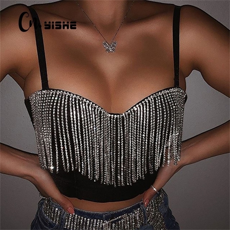 

CNYISHE Fashion Sexy Clubwear Diamond Tassel Crop Tops Sleeveless T Shirts Slim Lady Bralette Strap Skinny Female Tee 220401, Black