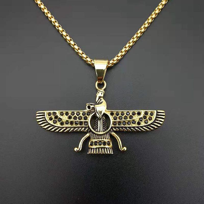 Pendant Necklaces Hip Hop Rhinestone Paved Bling Iced Out Faravahar Ahura Mazda Zoroastrian Necklace Gold Stainless Steel Men JewelryPendant