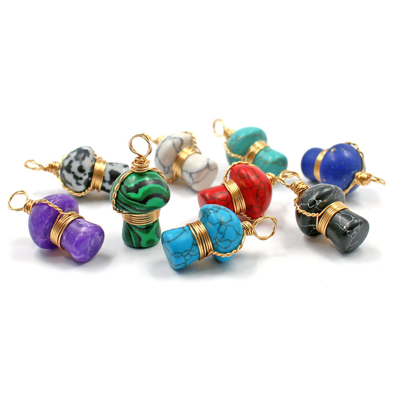 Wire Wrap Natural Gem Stone Carved 2cm Mushroom Charms Rose Quartz Crystal Amethyst Tiger Eye Pendant DIY Necklaces Earrings