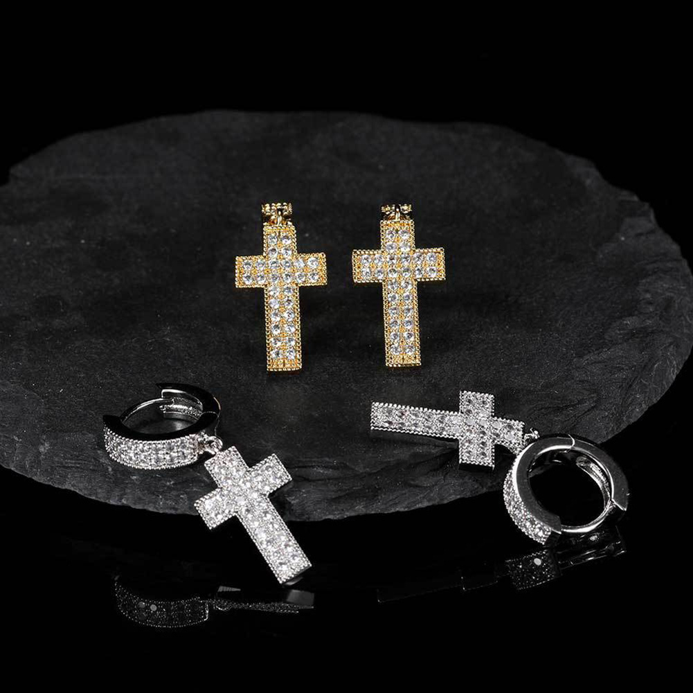 Hip Hop Cross Dangle Earrings TopBling White Zircon Hoop Earrings 18K Real Gold Platinum Plated Jewelry