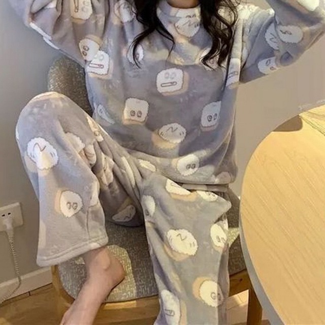 Pajamas for Women Flannel Women's Set Winter Long-Sleeved Sleepwear Cute Cartoon Suits 220329