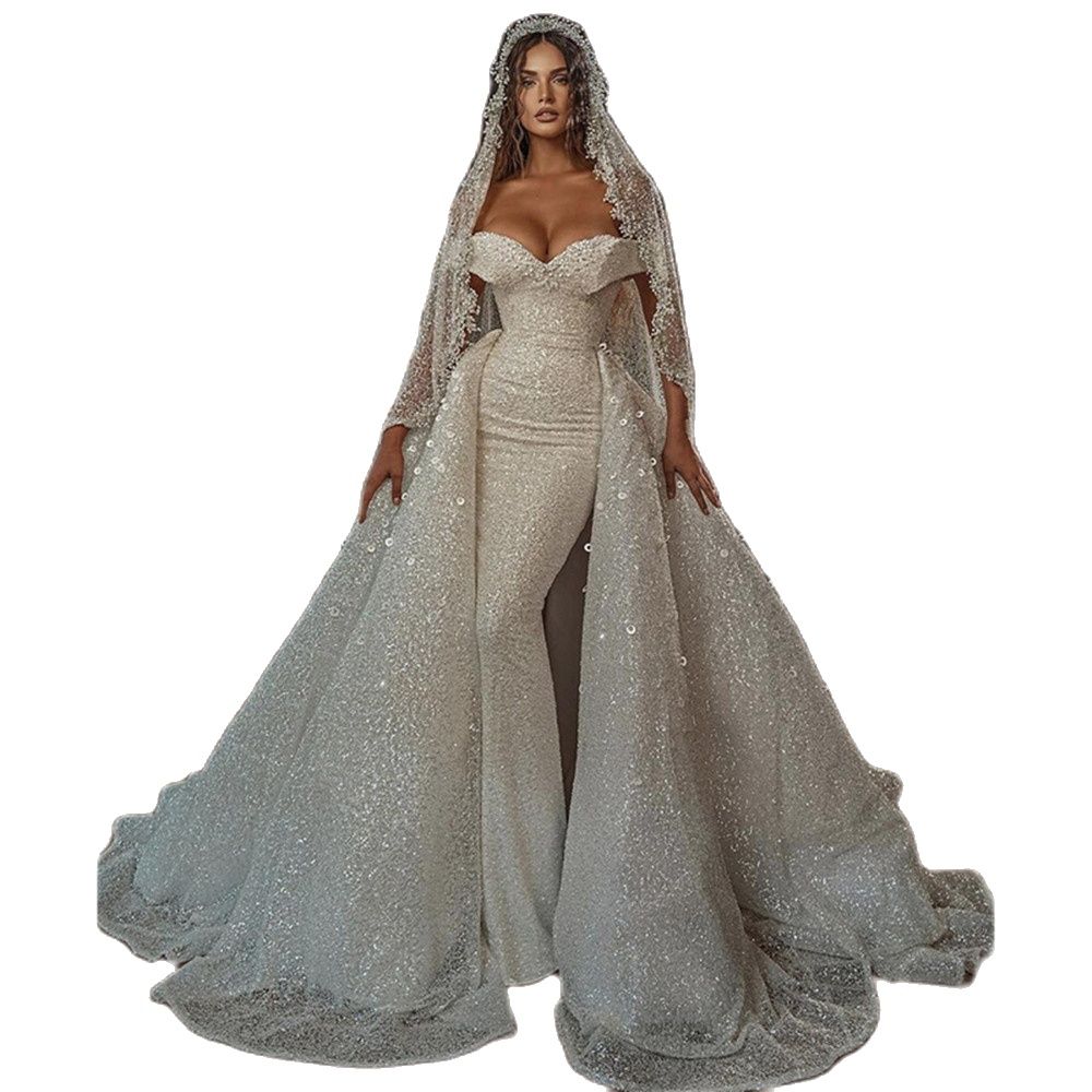 White Mermaid Wedding Dress Sweetheart Sparkly Sequins With Detachable Train Gown Ball Dresses For Women Robe De Soiree