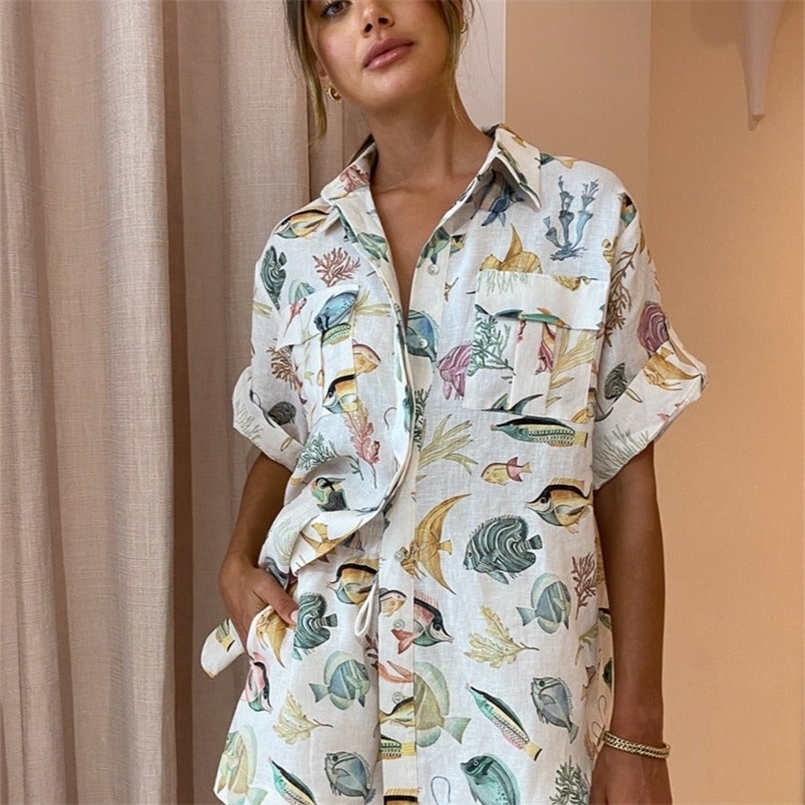 Women Short SleeveFresh Sea Fish Print Loose Linen Shirt Top +casual Linen Shorts Set 220419
Women Short SleeveFresh Sea Fish Print Loose Linen Shirt Top +casual Linen Shorts Set 220419