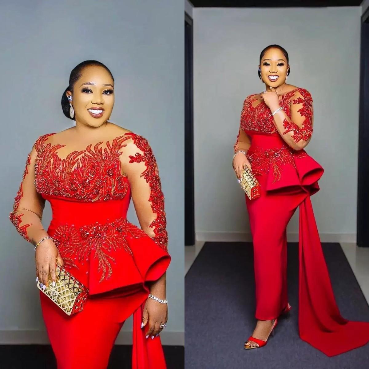 African Aso Ebi Red Evening Dresses Crystal Beading Long Sleeve Prom Gowns Party Wear African Fashion Second Reception Dress