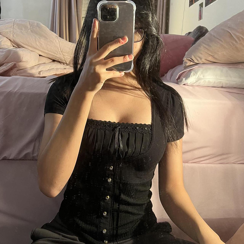 Rapcopter y2k Laec Bow Button Crop Top Knitted Square Collar Short Sleeve T Shirt Cute Sweet Summer Tee Women Prepply Korean 220714