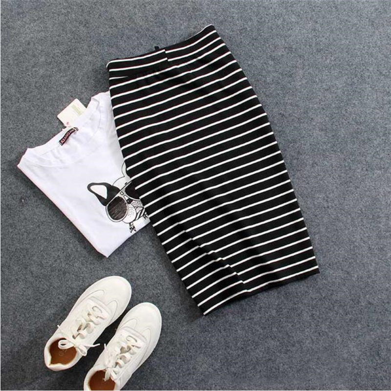 Korean Womens Black White Striped One-Step Skirt Spring Summer Woman Casual Pocket Mid-length Slim Bag Hip Skirts Female 220317