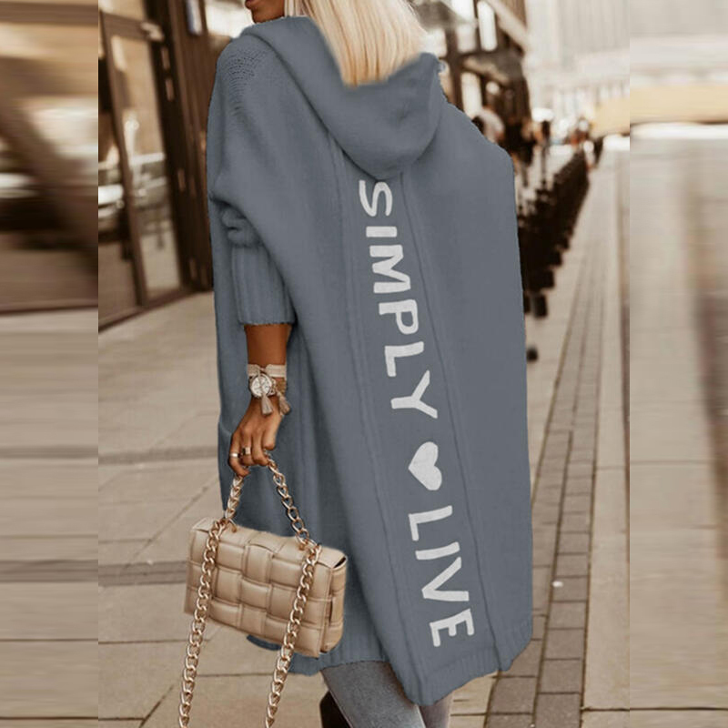 Casual Long Sleeve Sweater Coat Fall Winter Women Fashion Letter Print Hooded Knitted Sweater Outwears Female Cardigan Tops 220318