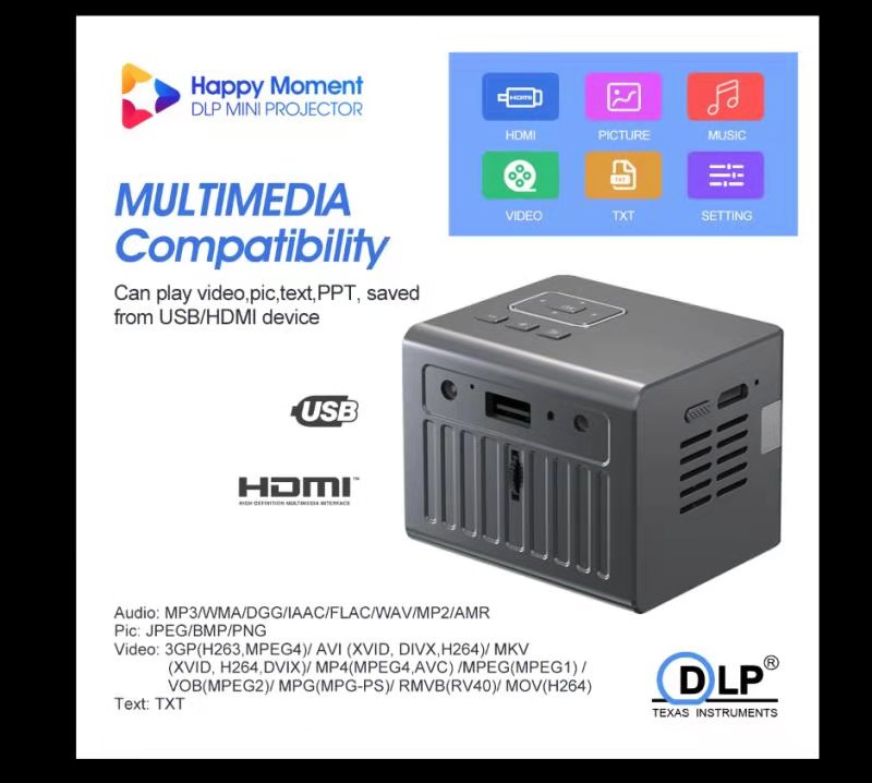 C50 Mini DLP Projector Portable Video Home Cinema Built-in 2500mAh Battery 3W Speaker Outdoor Small Beamer Supports Dolby USB Work with TV box Fire St