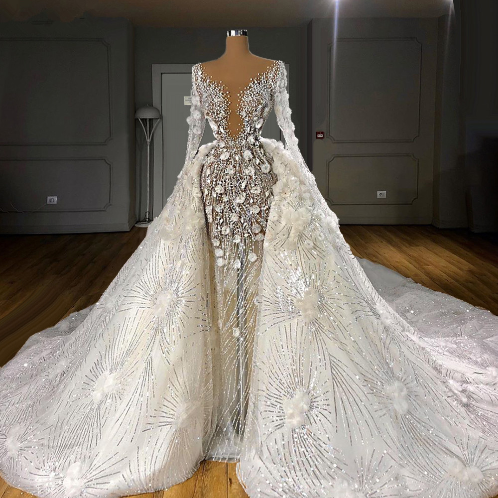 Luxury Two Pieces Wedding Dress Long Sleeves Pearls Bridal Gowns Flowers Sequined Long Train Robe de mariee