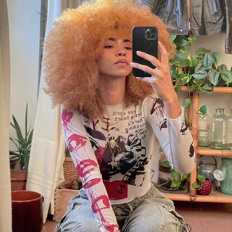 Y2KGIRL Unique Pattern Woman T-shirt Asymmetric Color Long Sleeve Slim Crop Tops Fashion Pullover Mesh See Through Streetwear 220516