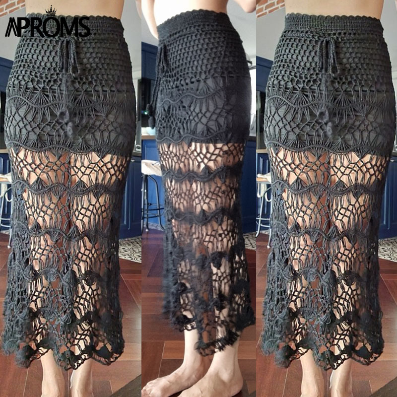 Aproms Bohemia Crochet Kintted Long Maxi Skirt Women Vintage Cotton Hollow Out Skirts Ladies Summer Beach Pencil 220322