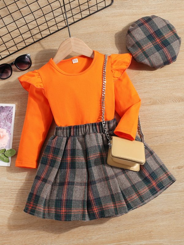 Toddler Girls Ruffle Trim Top & Tartan Skirt With Hat SHE