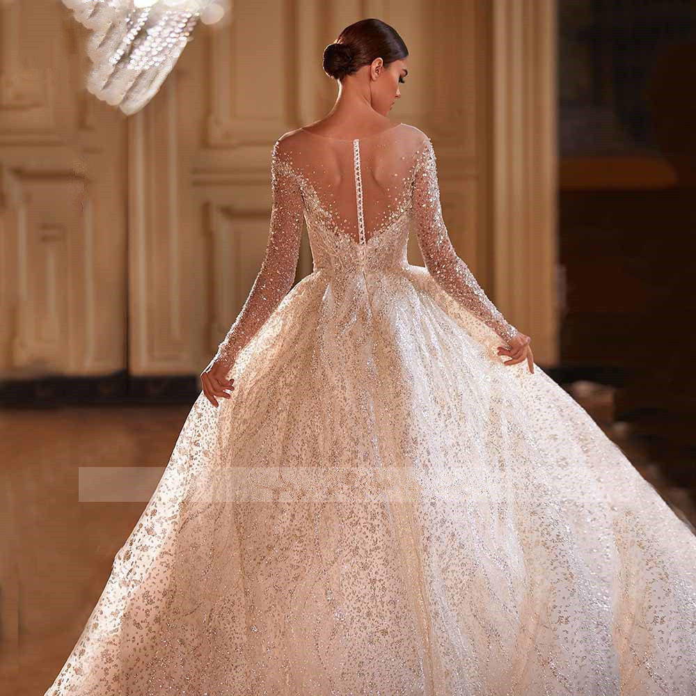 Princess Ball Gown Wedding Dresses Long Sleeves V Neck Shiny Sequins Appliques Beads Lace Ruffles or Length Bridal Gowns Plus Size robes de soiree