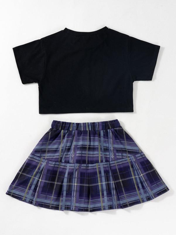 Girls Mountain & Letter Graphic Crop Tee & Plaid Skirt SHE