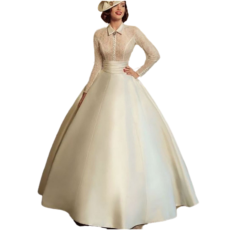 Vintage 18th Century A Line Wedding Dress Lace Long Sleeves Turndown Collar Satin Bridal Gowns Floor Length Ivory Robe De Mariee Buttons Delicate 2022