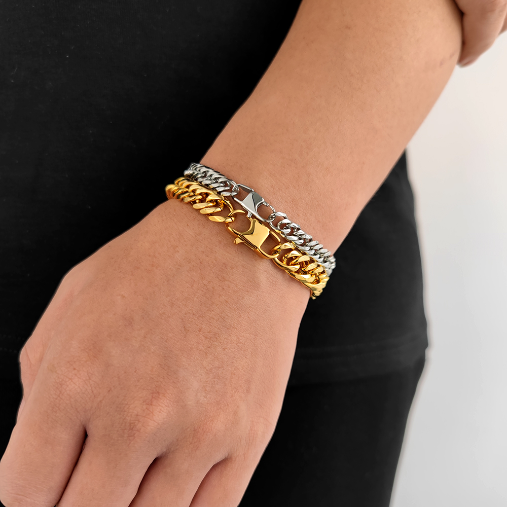 Cuban Link Chain Necklace Bracelet Set Heavy 18K Real Gold Plated Stainless Steel Metal Necklace for Men Fashion Jewelry