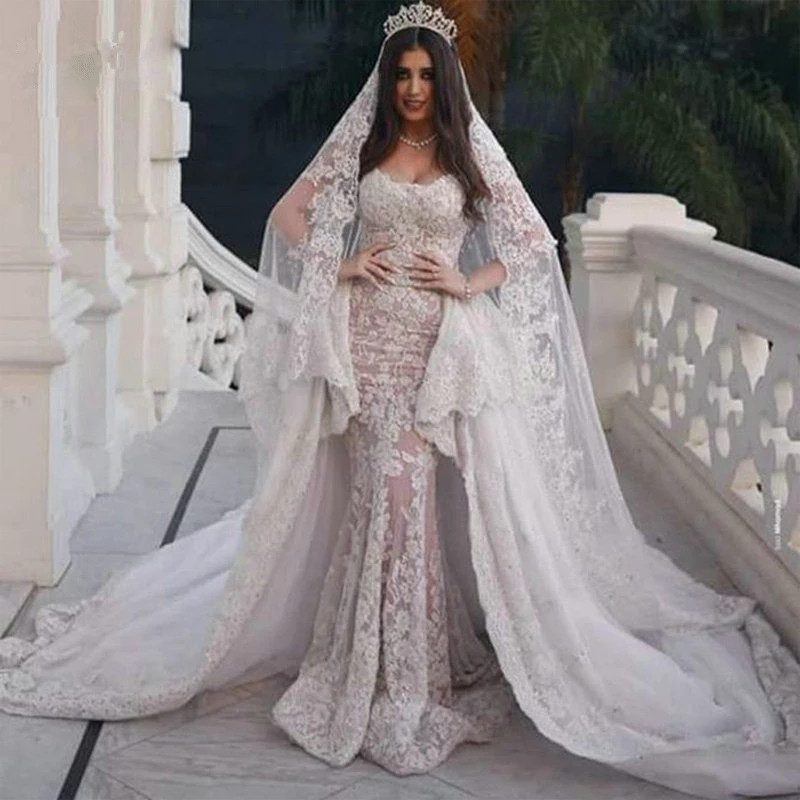 Modest Sweep Train Dubai Arabic Long Mermaid Wedding Dresses Cap Sleeve Appliques Lace Ruffles Bridal Gowns robe de mariée