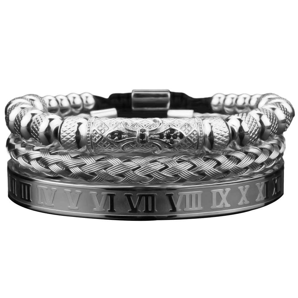 3pcs Luxury Roman Royal Short Tube Charm Bracelet Men Stainless Steel Geometry Pulseiras Men Open Adjustable Bracelets Couple Jewelry