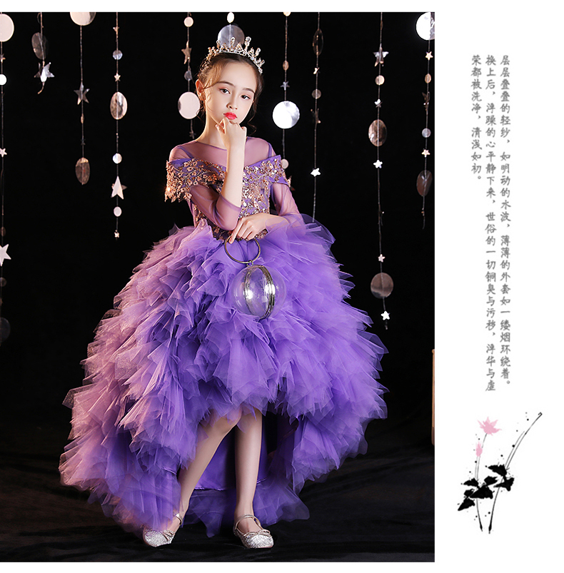 Purple Puffy Girls Dresses 3D Flower V Neck Long Train Kids Teens Pageant Gowns Sequined Birthday Party Dress For Wedding Cooktail Gown 403