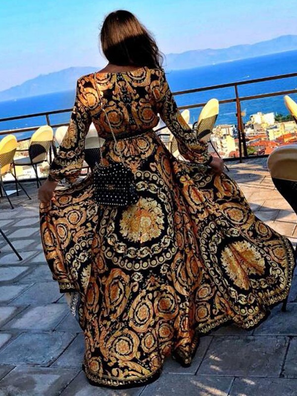 Sexy V-Neck Printed Sling Waist Dress Women's Long Dresses for Party/Beach/Date A-line Blouses Pattern OL Clothing Party Blouse Female