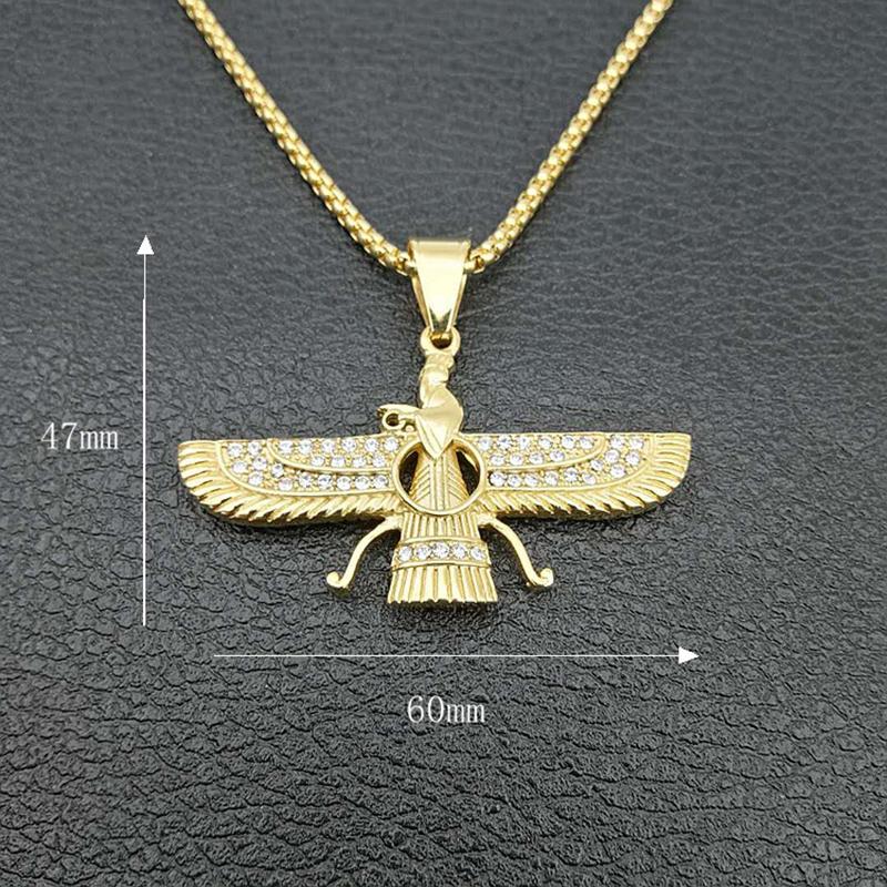 Pendant Necklaces Hip Hop Rhinestone Paved Bling Iced Out Faravahar Ahura Mazda Zoroastrian Necklace Gold Stainless Steel Men JewelryPendant