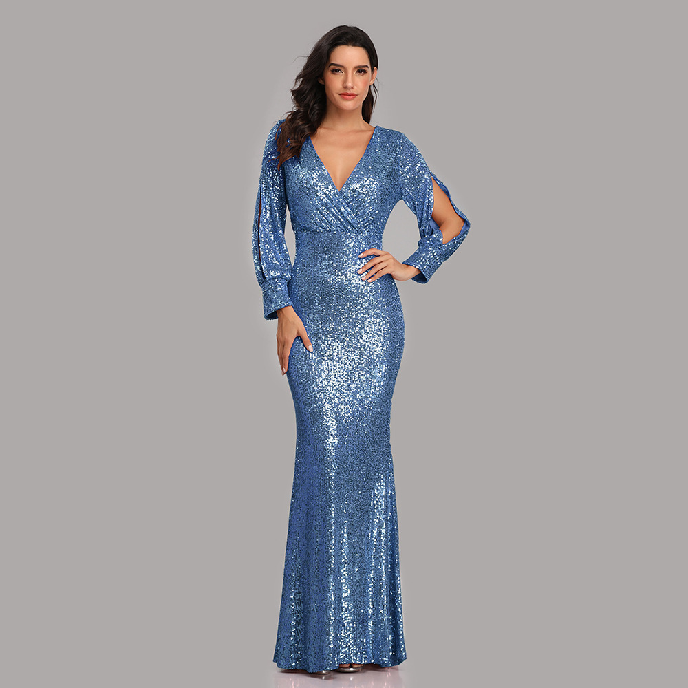 Plus Size Sequin Evening Dress 2022 Green Rose Gold Mermaid Long Prom Dresses Sexy V Neck Long Sleeve Night Formal Party Gowns Vestidos De Fiesta Robe