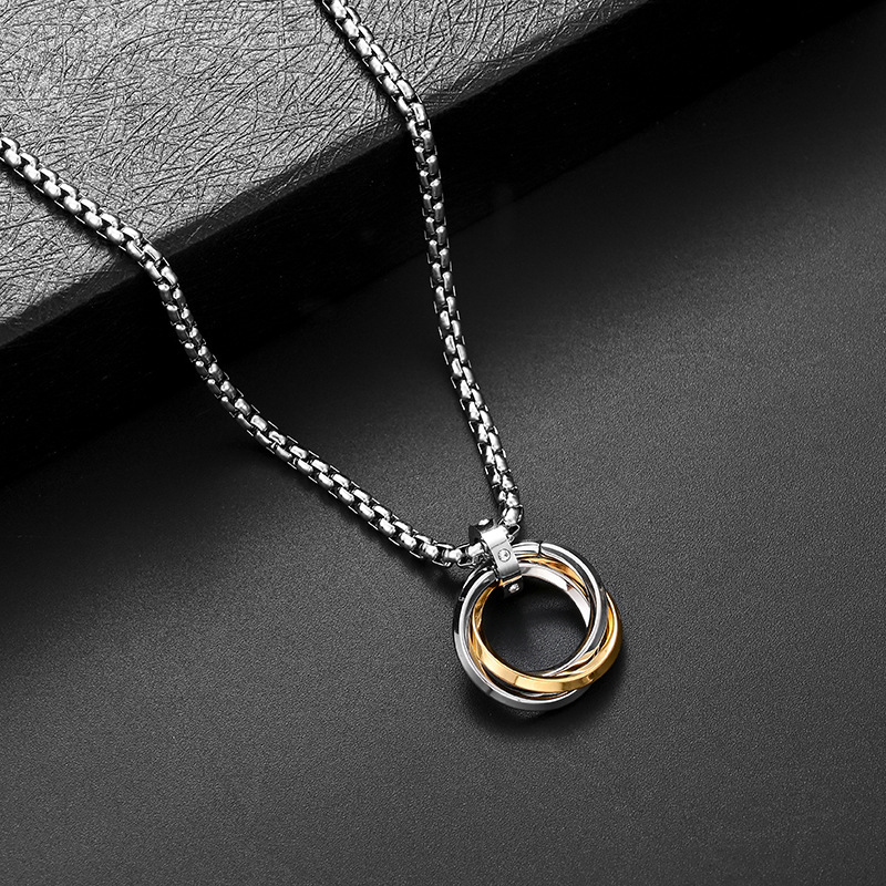 Hip Hop Stainless Steel 3 Circle Rings Pendent Necklace for Men Women Cool Real Gold Plated Black Silver Men Fashion Necklaces Wholesale Fashion Jewel
