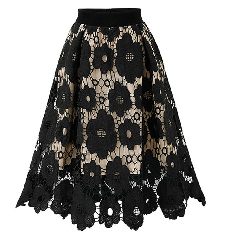 Faldas Mujer Moda Women Elegant Fashion Flower Embroidery Hollow Out Lace Skirts Womens Casual Sexy Skirt Party Black Skirt 220701
