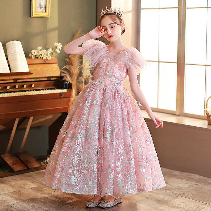 Bling Sequin Pageant Fluffy pink sequined Ruched Flower Girl Dress Ball Gowns Party Dresses for Girls First Holy Communion gown