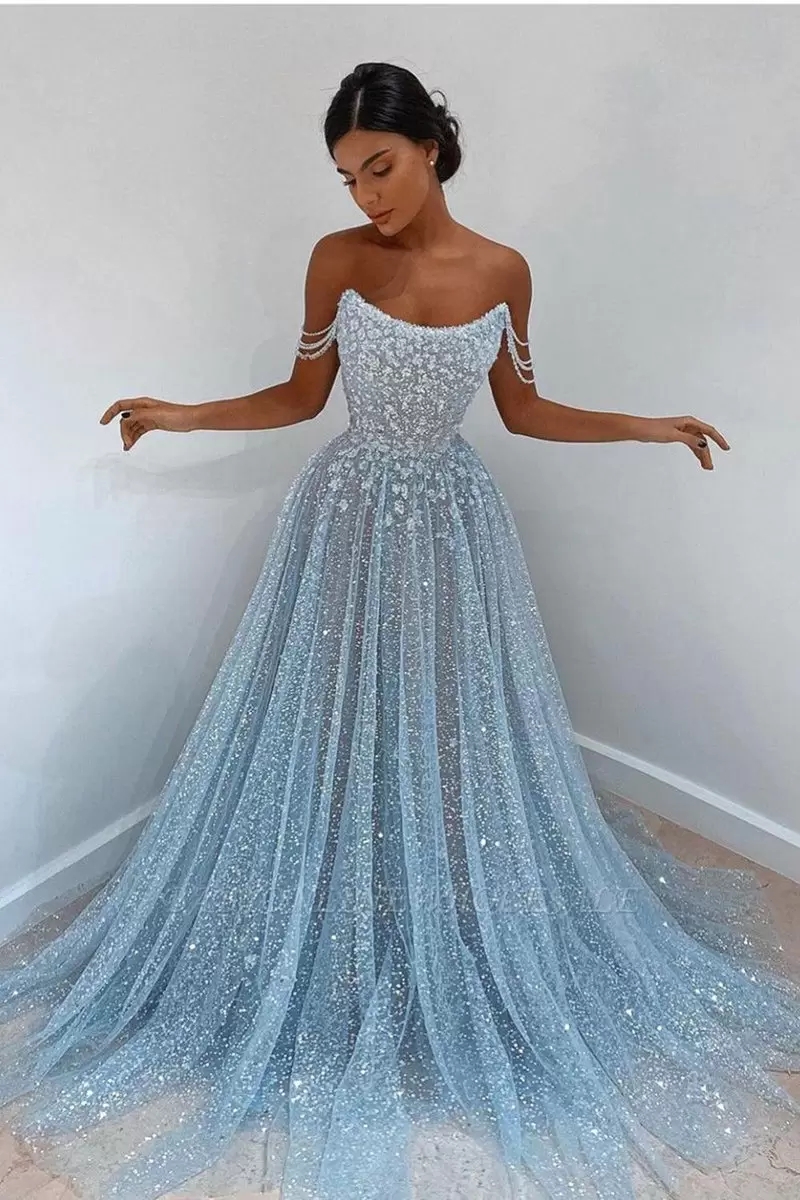 Stunning Light Sky Blue Sequined Prom Dresses Sexy Spaghetti Strap Backless Sheer Tulle Blingbling Sequins Long Formal Occasion Evening Gowns BC5842
