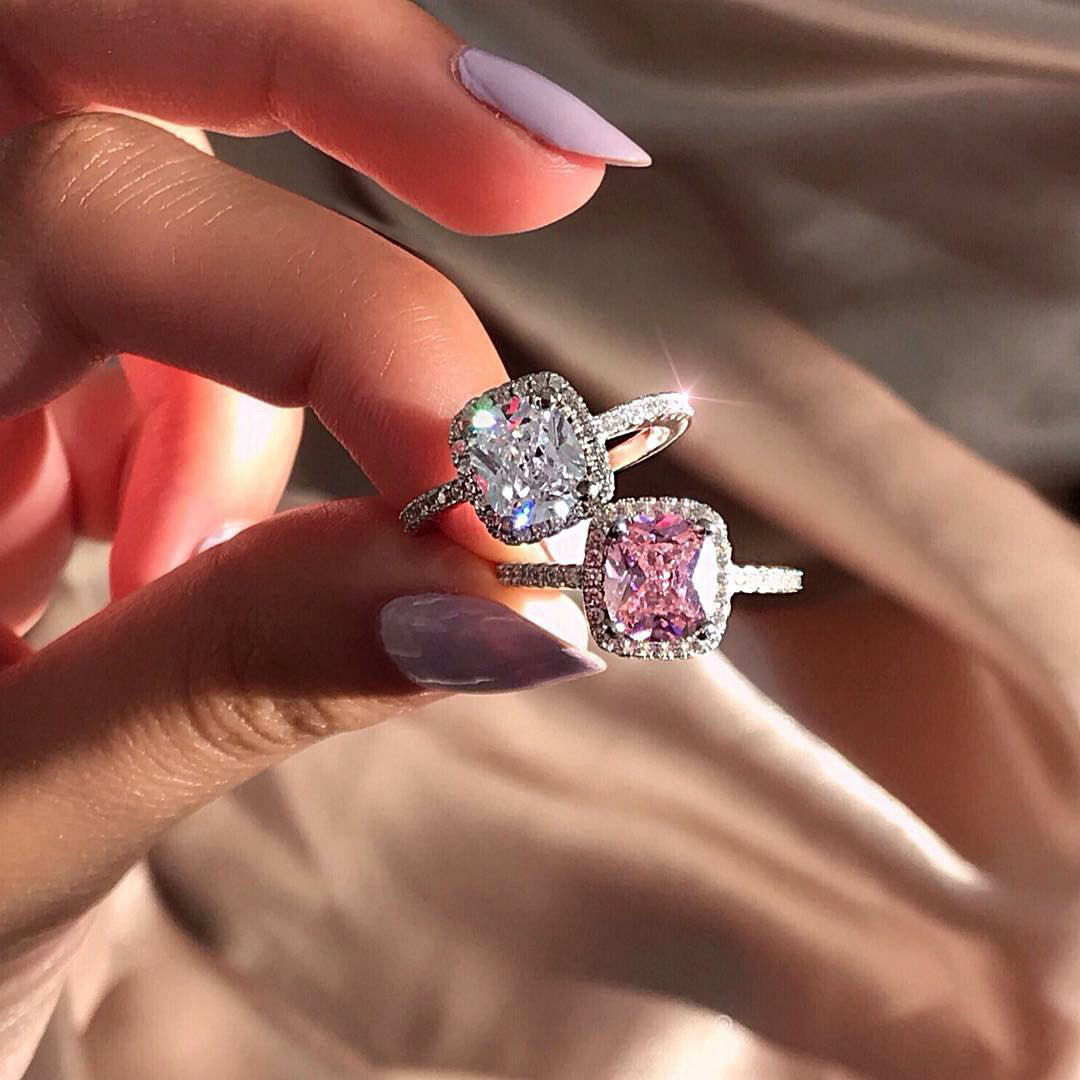 Sterg Sier Pink Cubic Zirconia Cushion Engagement Ring for Women Wedding Band