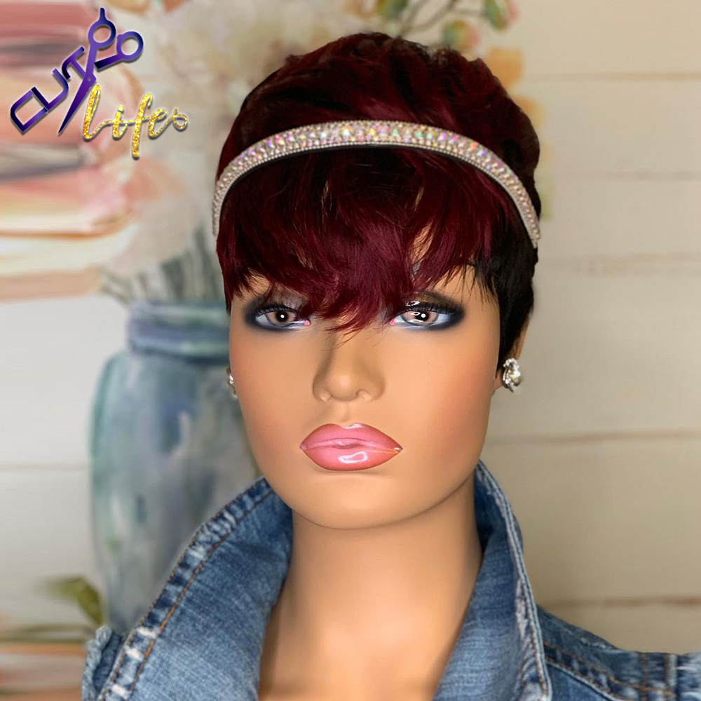 Ombre Red Pixie Cut Short Bob Wig For Black Women Brazilian Human Hair Wigs With Bangs Cosplay Bone Straight Full Machine Made