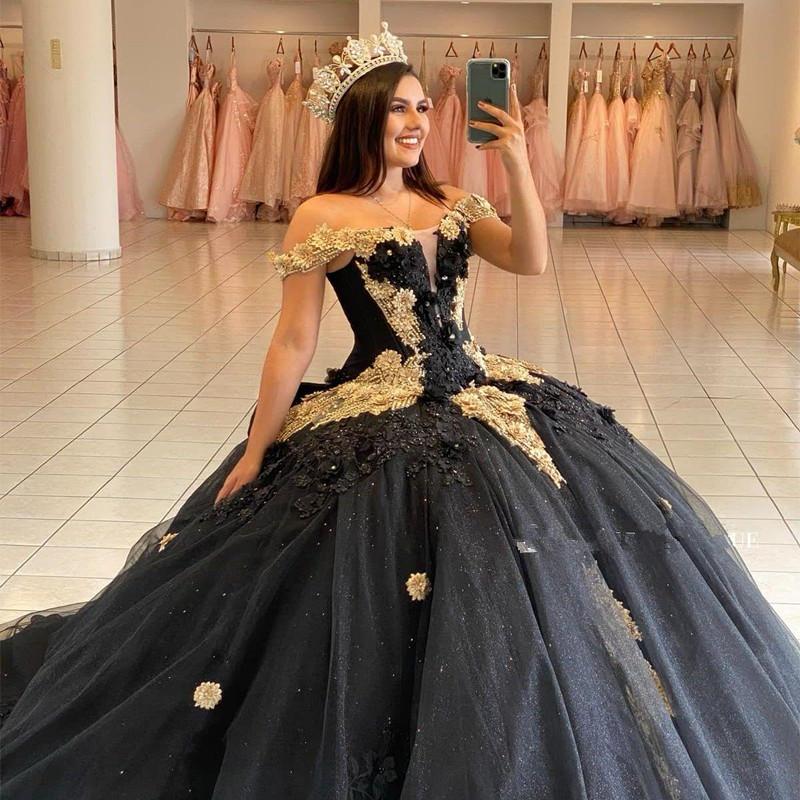 Vintage Black Ball Gown Quinceanera Dresses Vestidos De 15 Anos Glitter Sequins Lace Appliques Birthday Princess Party Gowns Bow Off The Shoulder Swee