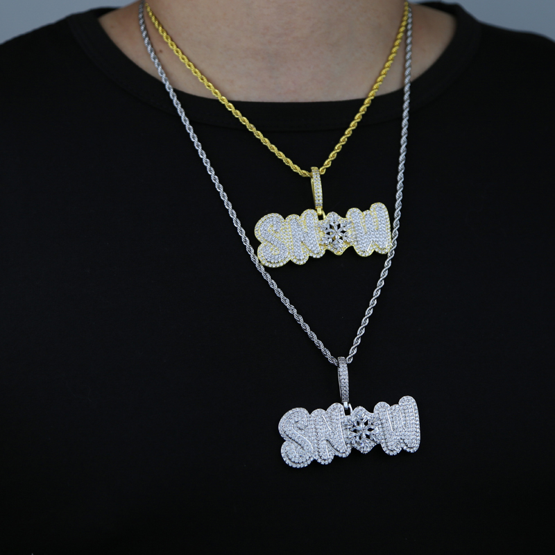 Iced out Letter shape SNOW pendant with rope chain necklace paved 5A white cubic zircon for women men hip hop punk initial jewelry wholesale