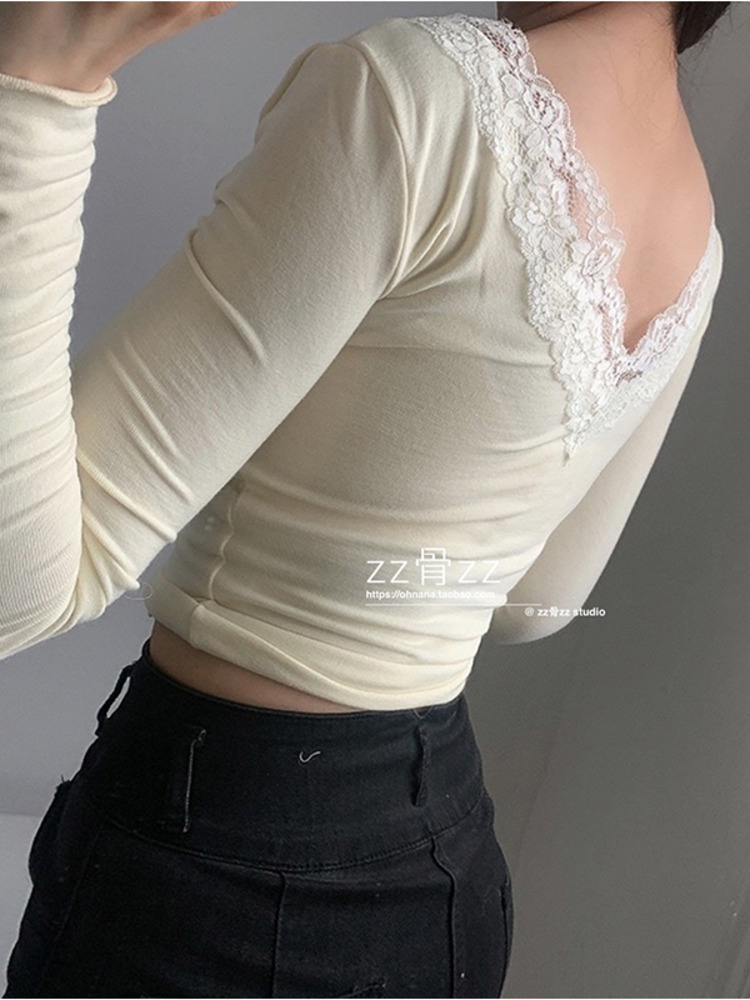 WOMENGAGA V Neck Big Size Lace Patchwork Korean Sweet Knitting autumn Base Long Sleeve sexy T Shirt Tees winter Flowers E7YU 220328