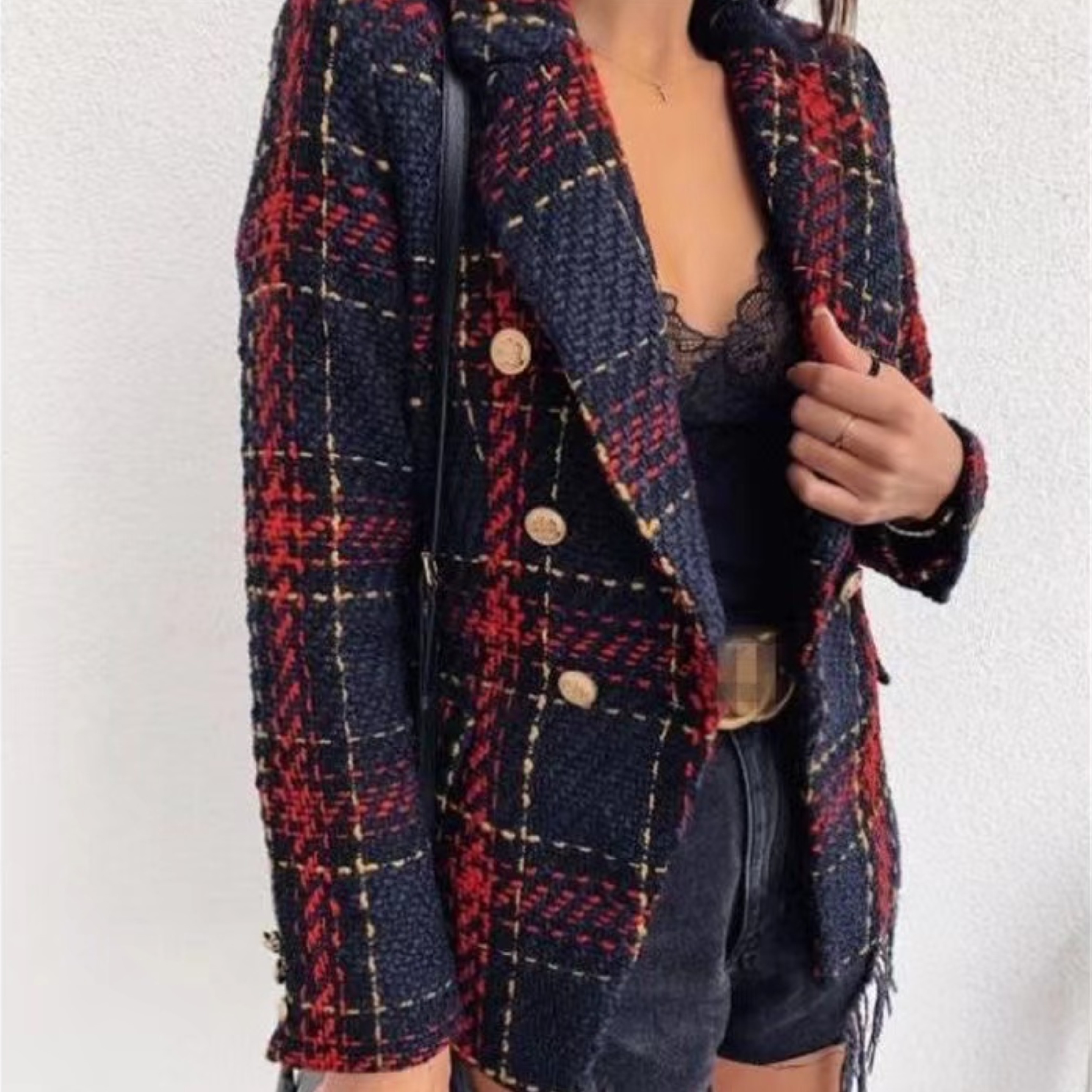 B789 Womens Suits & Blazers Premium New Style Top Quality Original Design Women's Classic Double-Breasted Metal Buckle Blazer Check Textured Plai
