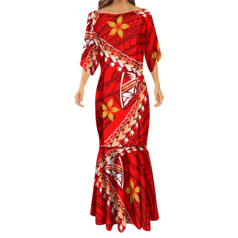Off Shoulder Polynesian Tribal Print Women Bare Shoulders Dresses Mermaid Skirt Couples Match Clothing Men Shirts 220628