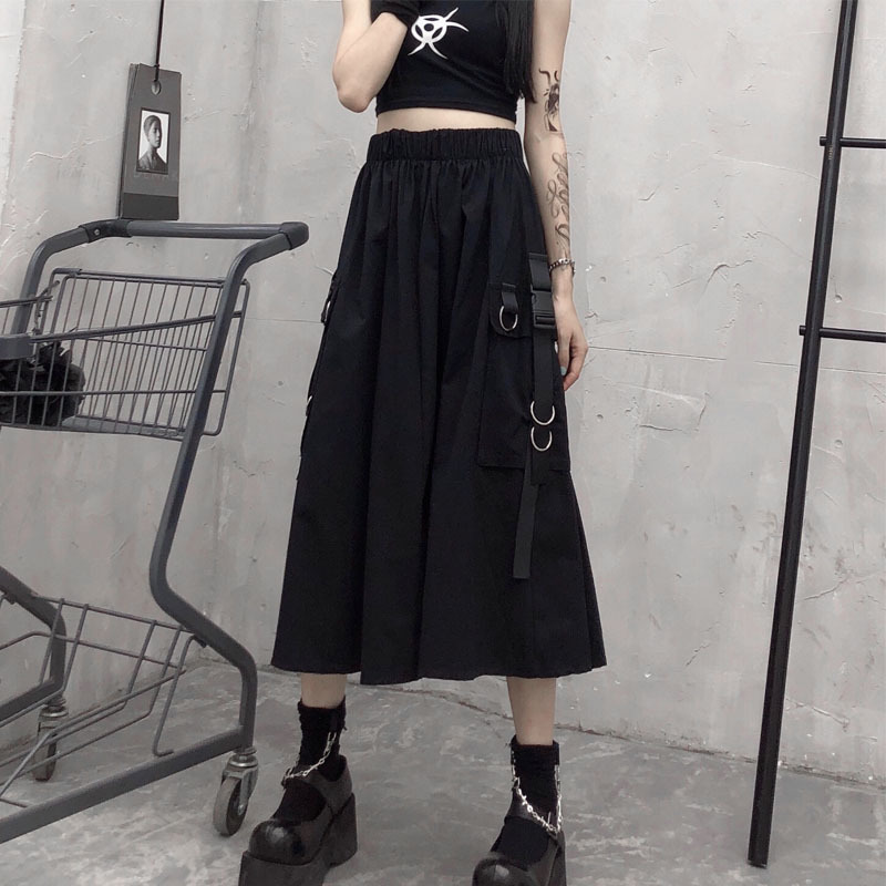 Gothic High Waist Cargo Skirts Woman Harajuku Loose A-line Pocket Midi Long Black Skirt Hip Hop Fashion Streetwear OverSize 220317
