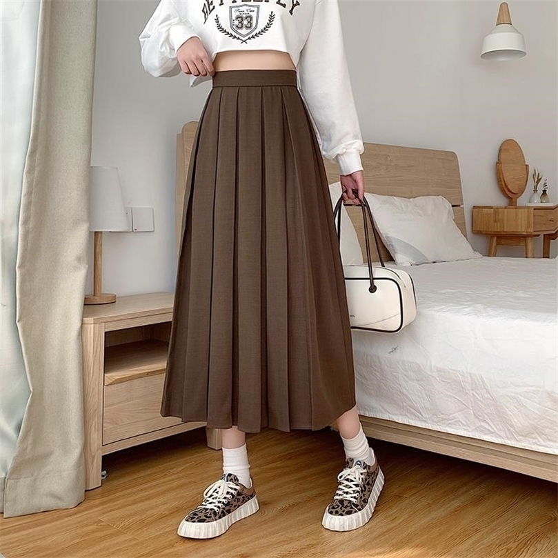 HOUZHOU Vintage Brown Pleated Long Skirts Autumn Women Korean Fashion High Waist Black Elegant A-line Midi Skirt for Girls 220317