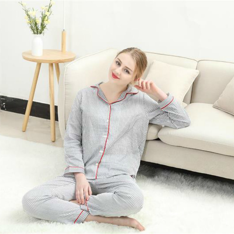 Sleepwear Women's Cotton Home Suit Pajamas Winter Long Sleeve Stripe Pyjama Female Casual Lounge Set Drop 220329