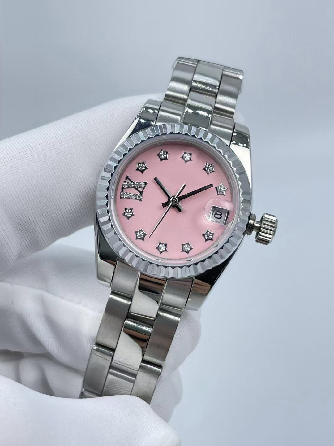 Woman Watches 28mm Datejust Automatic Mechanical 2813 Movement Womens Watch Pink Face Star Diamond Iced Out Stainless Steel Lady Wristwatches Famale Wristwatch, Waterproof 
Woman Watches 28mm Datejust Automatic Mechanical 2813 Movement Womens Watch Pink Face Star Diamond Iced Out Stainless Steel Lady Wristwatches Famale Wristwatch, Waterproof