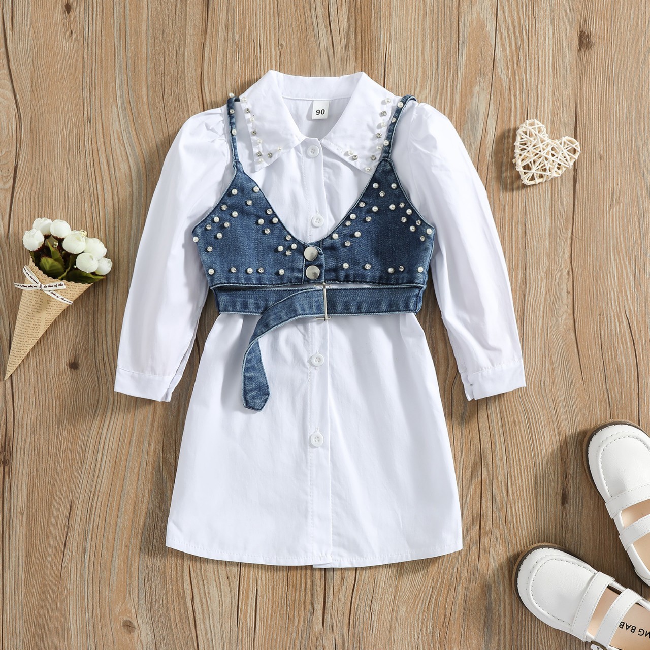 2022 Fashion Children Baby Girl Clothing Set Solid Color Long Sleeve Shirt Dress Denim Beading Vest 2Pcs Outfits Clothes with diamond and pearls, Blue
2022 Fashion Children Baby Girl Clothing Set Solid Color Long Sleeve Shirt Dress Denim Beading Vest 2Pcs Outfits Clothes with diamond and pearls, Blue