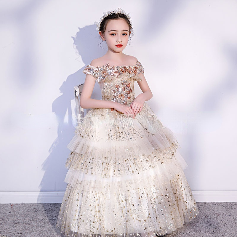 Pageant For Girls Off Shoulder Wer Girl Dresses White Ivory Champagne Kids Ball Gowns Wedding Dress Sash Beading Belt 403 6660311