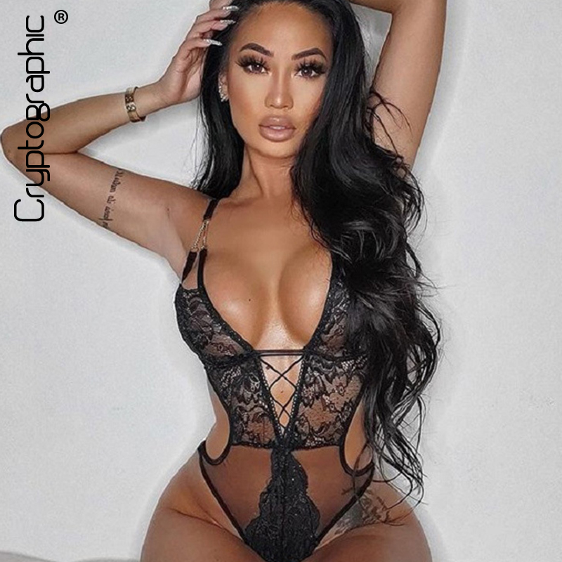 Deep V-Neck Plunge Strappy Sheer Sexy Lace Bodysuit Club Female Body See Through Backless Bodysuit Thong Teddy, Black