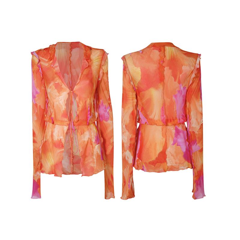 Women's Blouses & Shirts Women Tie Dye Print Open Front Tie-Up Tops Long Sleeve Ruffle Cardigan Woman Summer Casual Sheer Chiffon Blou